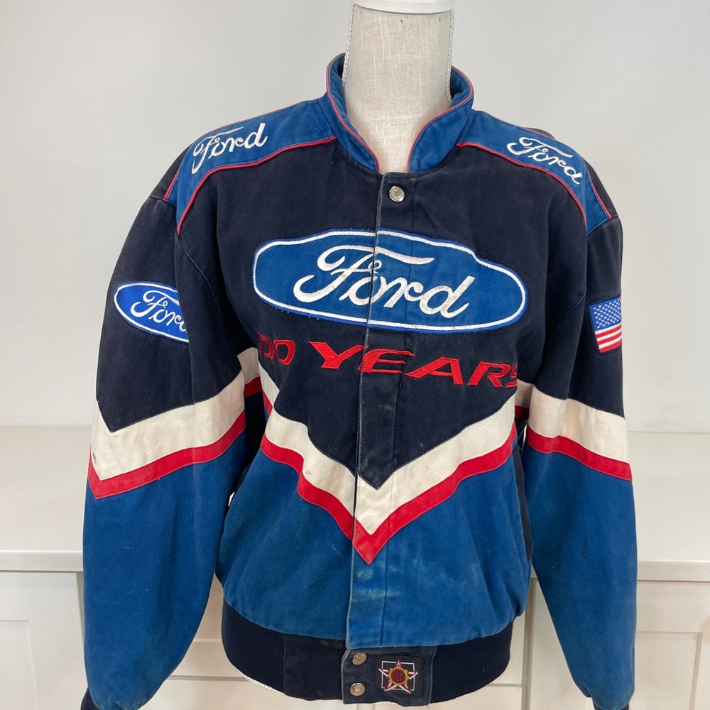 Ford Men's VINTAGE Navy and Red Bomber Jacket